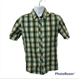 Prana Mens Medium Green Plaid Pearl Snap Short Sleeve Casual Shirt Button Front